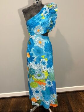 One & Only Collective One Shoulder Ruffle Floral Cutout Vibrant Maxi Size Small